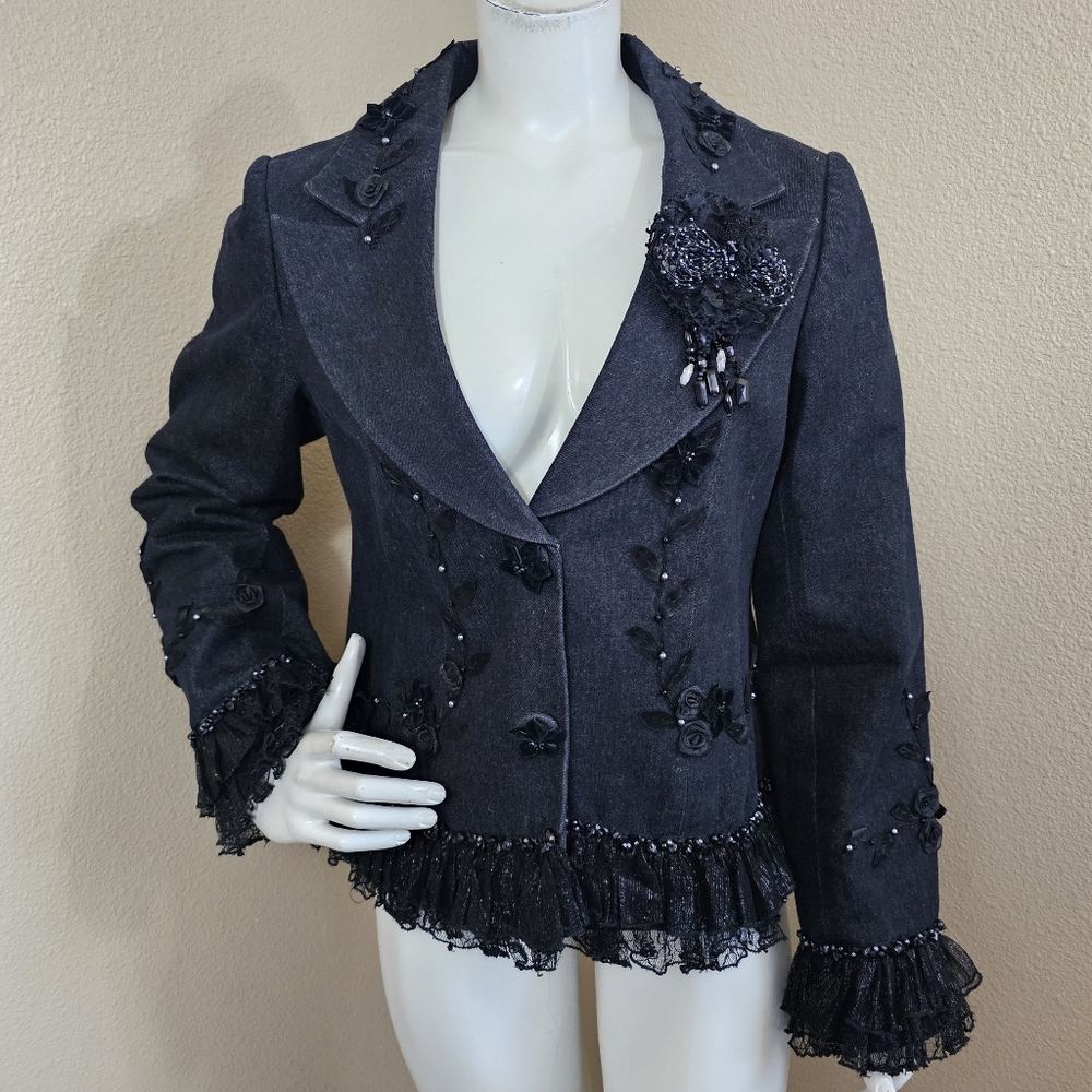 MARY FRANCES Black Denim Beaded Jewel Lace Jacket~Size L
